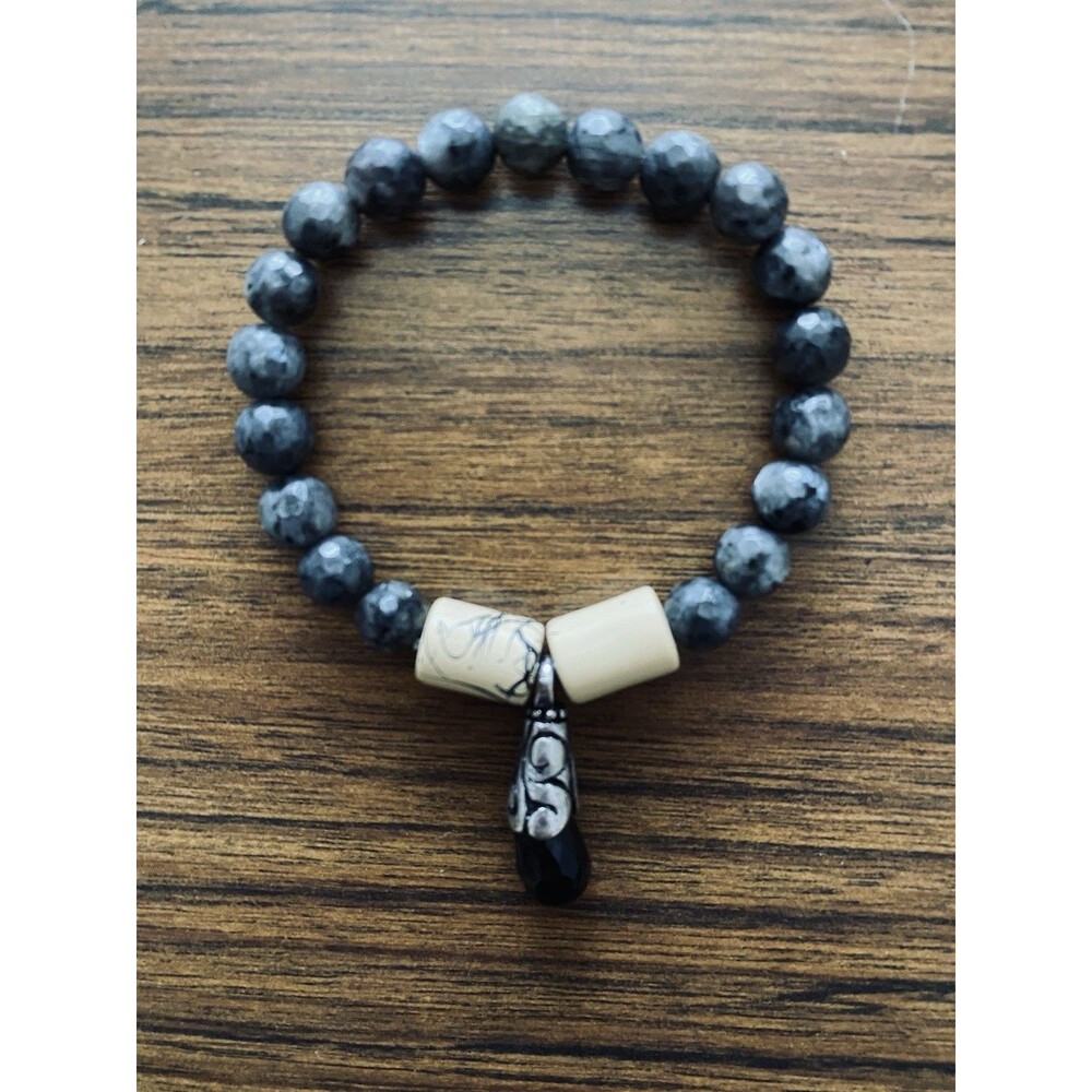 Faceted Larvikite Black Labradorite Stretch Bracelet with Pendant Charm Boho